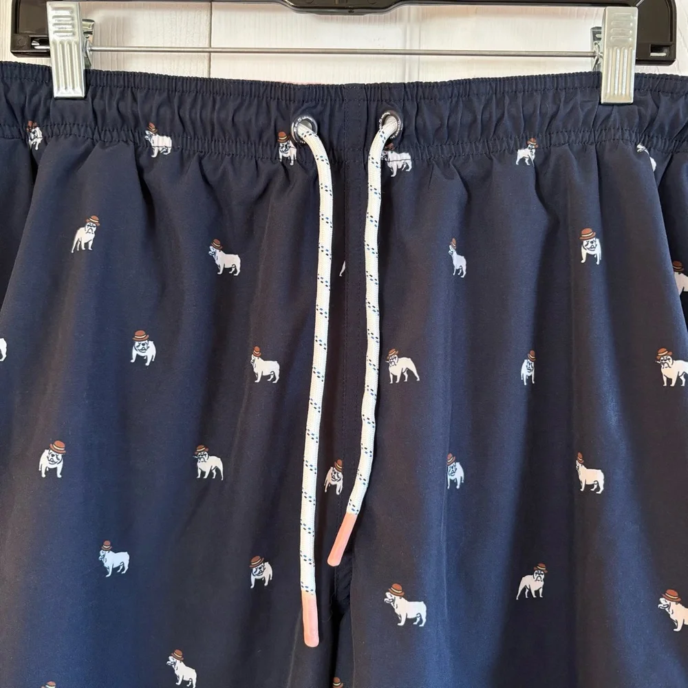 BEN SHERMAN Bulldog-Print Swim Shorts Stretch Drawstring Pocket Resort XL 7”‎